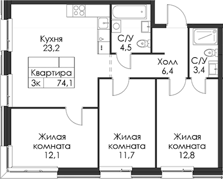 3-комнатная квартира 74.1 м², 7/12 эт., ЖК «Шкиперский 19»